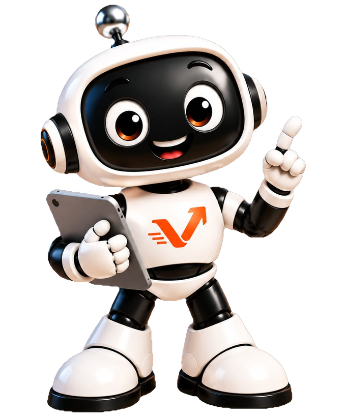 Der vaiacon-Roboter hält ein Tablet und zeigt nach oben