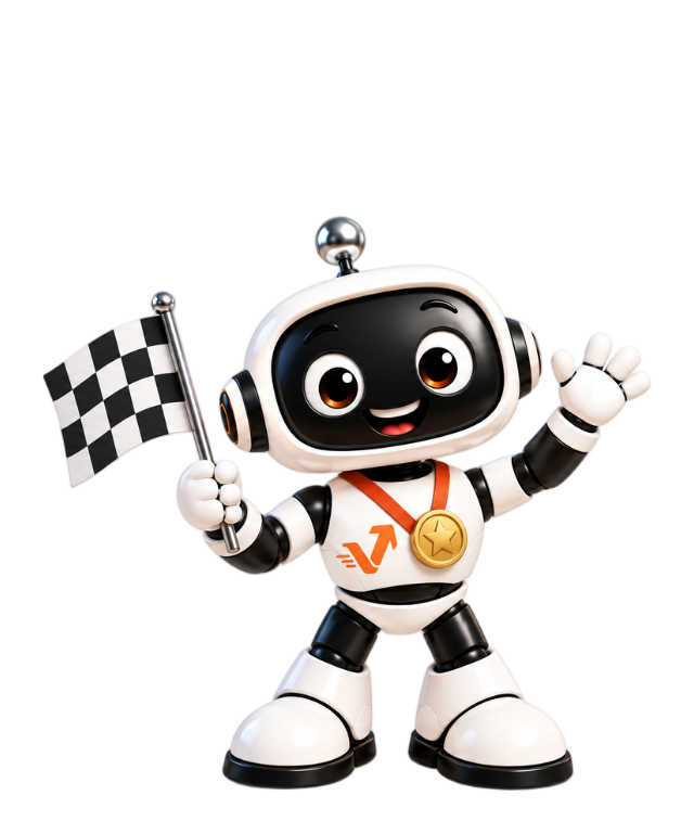 Der vaiacon-Roboter mit Zielflagge und Medaille winkt